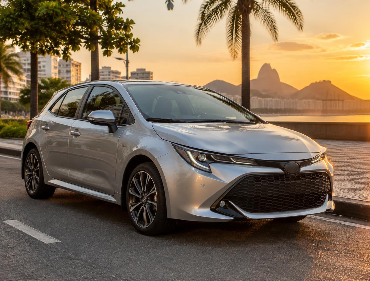Carro hatch prateado estacionado em avenida ao pôr do sol