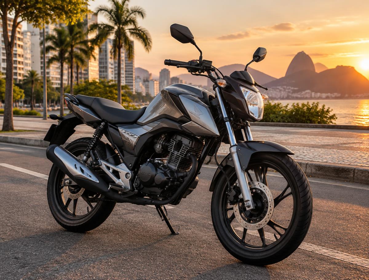Motocicleta urbana estacionada em avenida ao pôr do sol